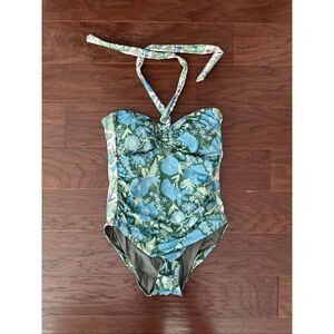 NEW Kitty & Vibe Halter One Piece Swimsuit Blue Green Floral Large